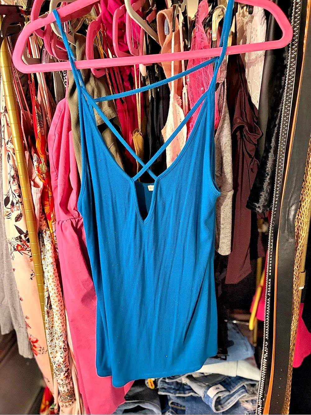 Express One Eleven Strappy Front Ribbed Tank Top Blue Large
